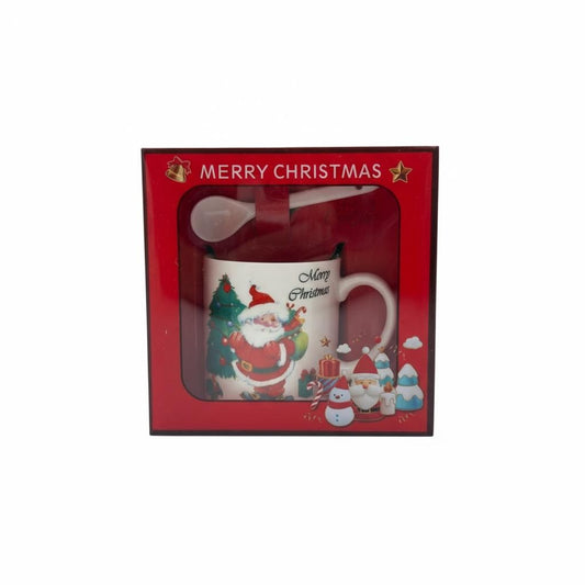 Set Cana Ceramica cu Lingurita, Tematica de Craciun, in Cutie Cadou , 14x14x8.5cm