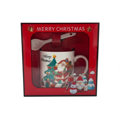 Set Cana Ceramica cu Lingurita, Tematica de Craciun, in Cutie Cadou , 14x14x8.5cm