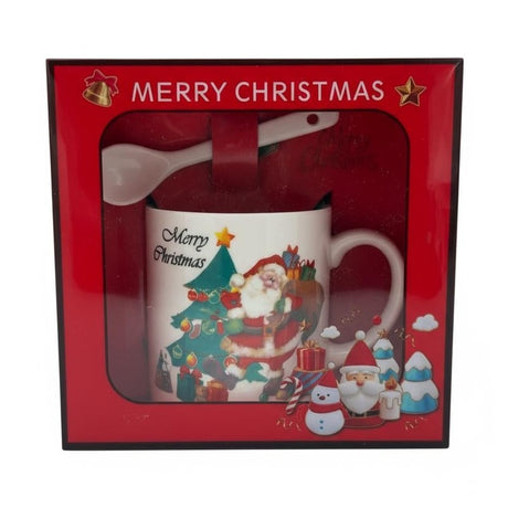 Set Cana Ceramica cu Lingurita, Tematica de Craciun, in Cutie Cadou , 14x14x8.5cm