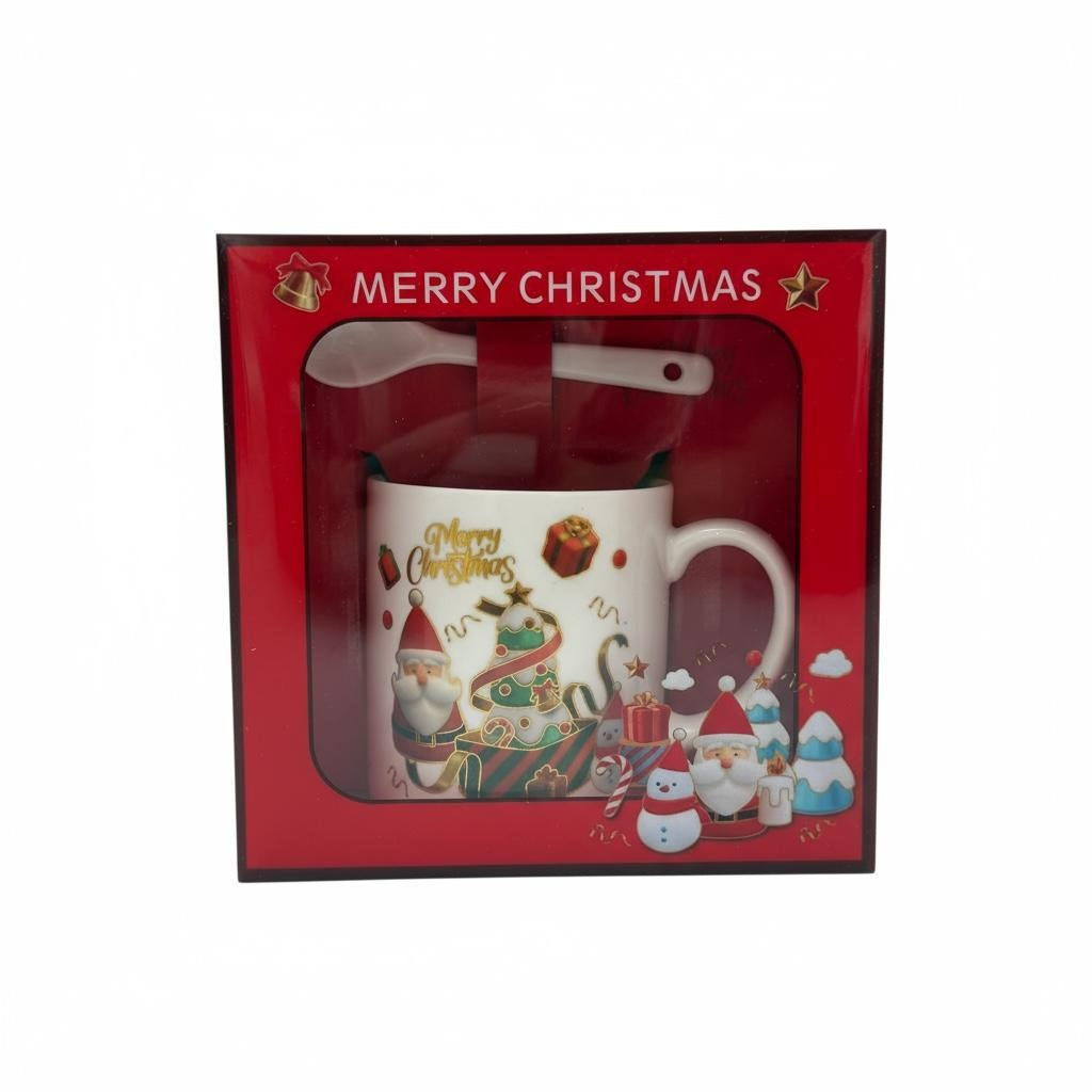 Set Cana Ceramica cu Lingurita, Tematica de Craciun, in Cutie Cadou , 14x14x8.5cm