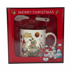 Set Cana Ceramica cu Lingurita, Tematica de Craciun, in Cutie Cadou , 14x14x8.5cm