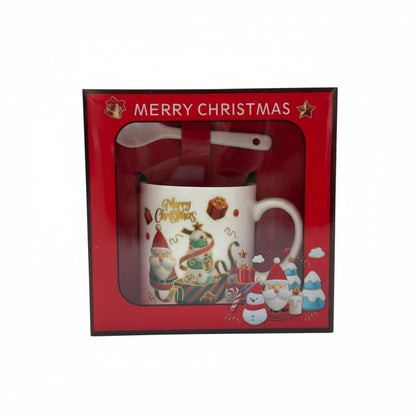 Set Cana Ceramica cu Lingurita, Tematica de Craciun, in Cutie Cadou , 14x14x8.5cm