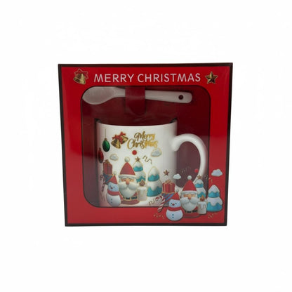 Set Cana Ceramica cu Lingurita, Tematica de Craciun, in Cutie Cadou , 14x14x8.5cm