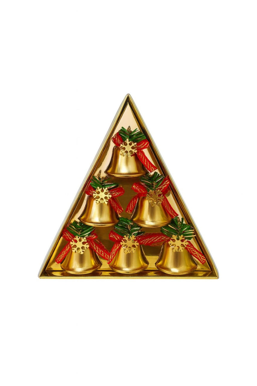Set clopotei decorativi aurii cu fundita rosie si zapada artificiala 6 buc, 18.5x18.5cm