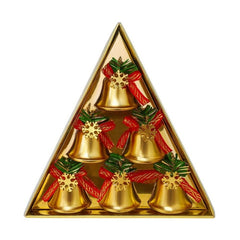 Set clopotei decorativi aurii cu fundita rosie si zapada artificiala 6 buc, 18.5x18.5cm