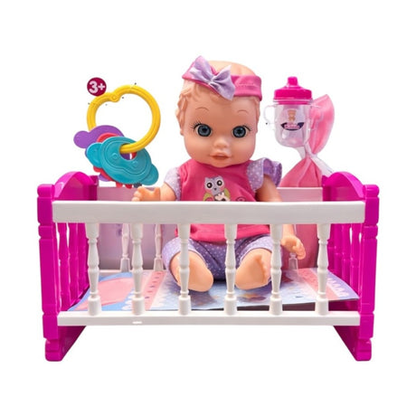 Set complet păpușă bebeluș Bear Bubbles cu pătuț, accesorii incluse, plastic/textil, 14 inch