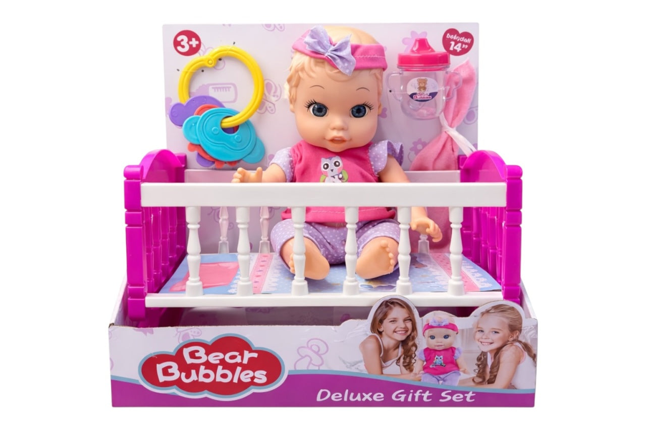 Set complet păpușă bebeluș Bear Bubbles cu pătuț, accesorii incluse, plastic/textil, 14 inch