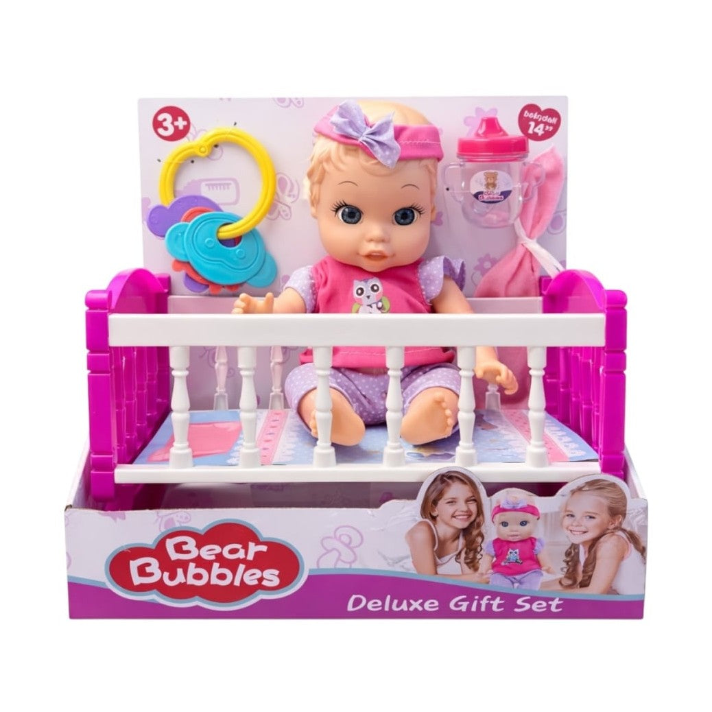 Set complet păpușă bebeluș Bear Bubbles cu pătuț, accesorii incluse, plastic/textil, 14 inch