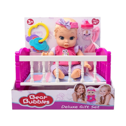 Set complet păpușă bebeluș Bear Bubbles cu pătuț, accesorii incluse, plastic/textil, 14 inch