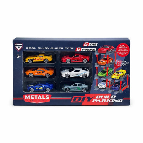 Set constructie parcare cu 6 masinute din metal die-cast, modele diverse