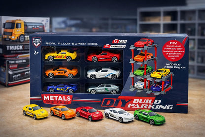Set constructie parcare cu 6 masinute din metal die-cast, modele diverse