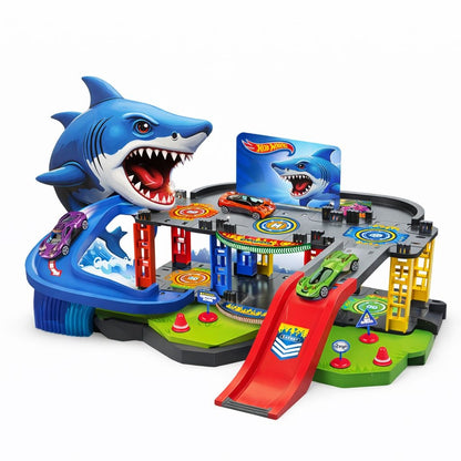 Set constructie pista masinute, tematica rechin, 38 piese, cu 2 masinute incluse