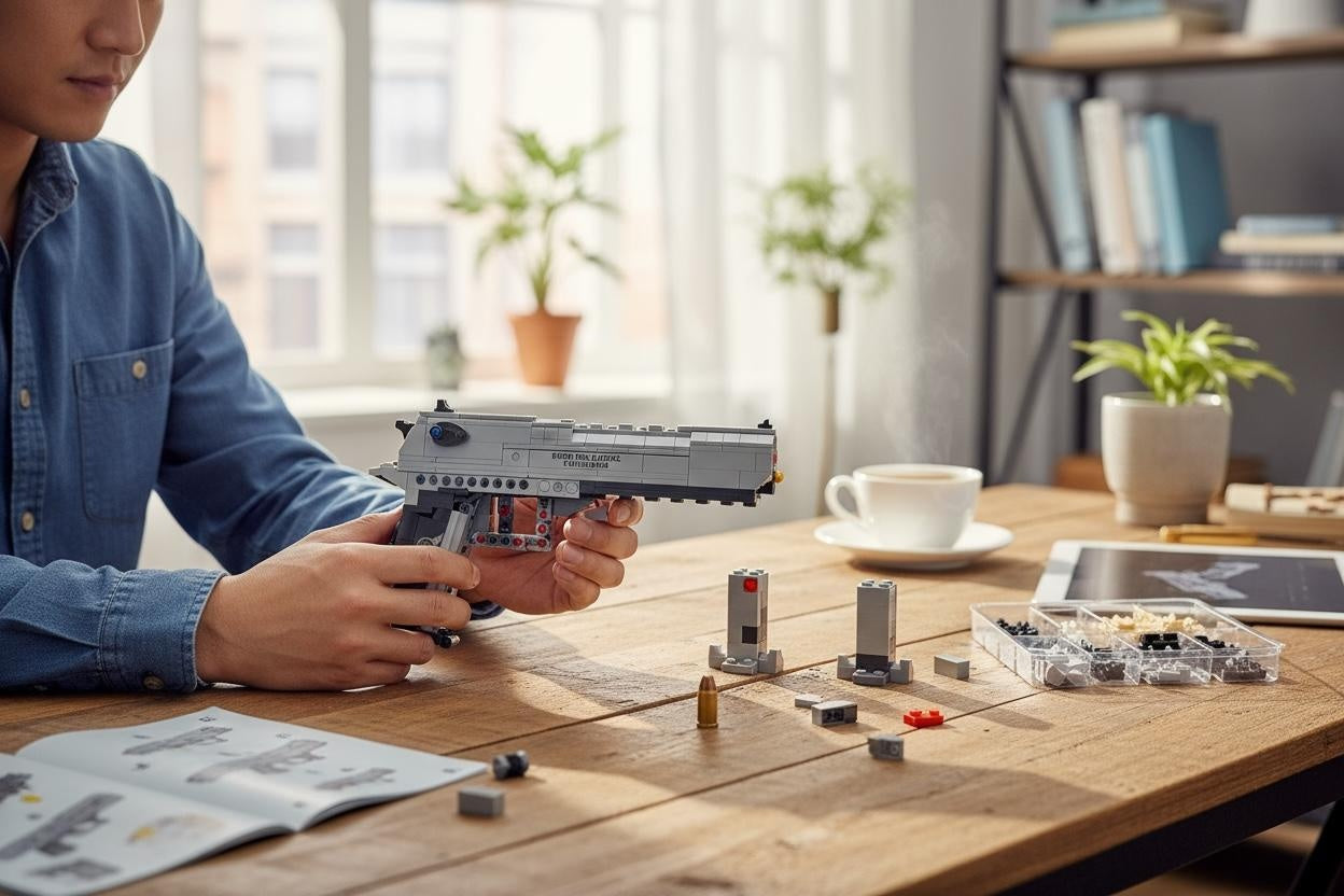 Set Constructie Pistol Panlos Model Blocks, Cu Mecanism Functional, 360 piese, 32x21cm