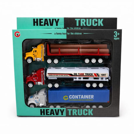 Set cu 3 camioane jucarie copii, transport lemne, cisterna si container, 24x22.5 cm
