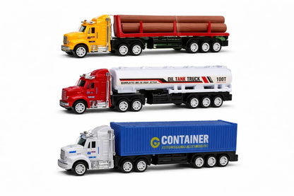 Set cu 3 camioane jucarie copii, transport lemne, cisterna si container, 24x22.5 cm