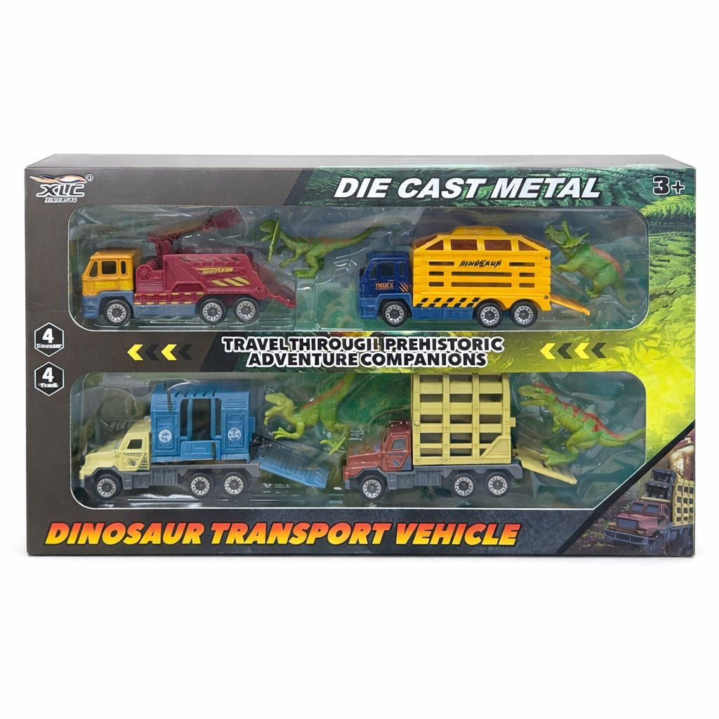 Set cu 4 masinute die cast metal cu dinozauri, 13.5 cm
