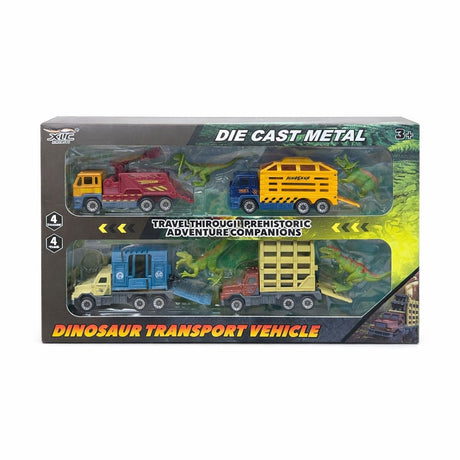 Set cu 4 masinute die cast metal cu dinozauri, 13.5 cm