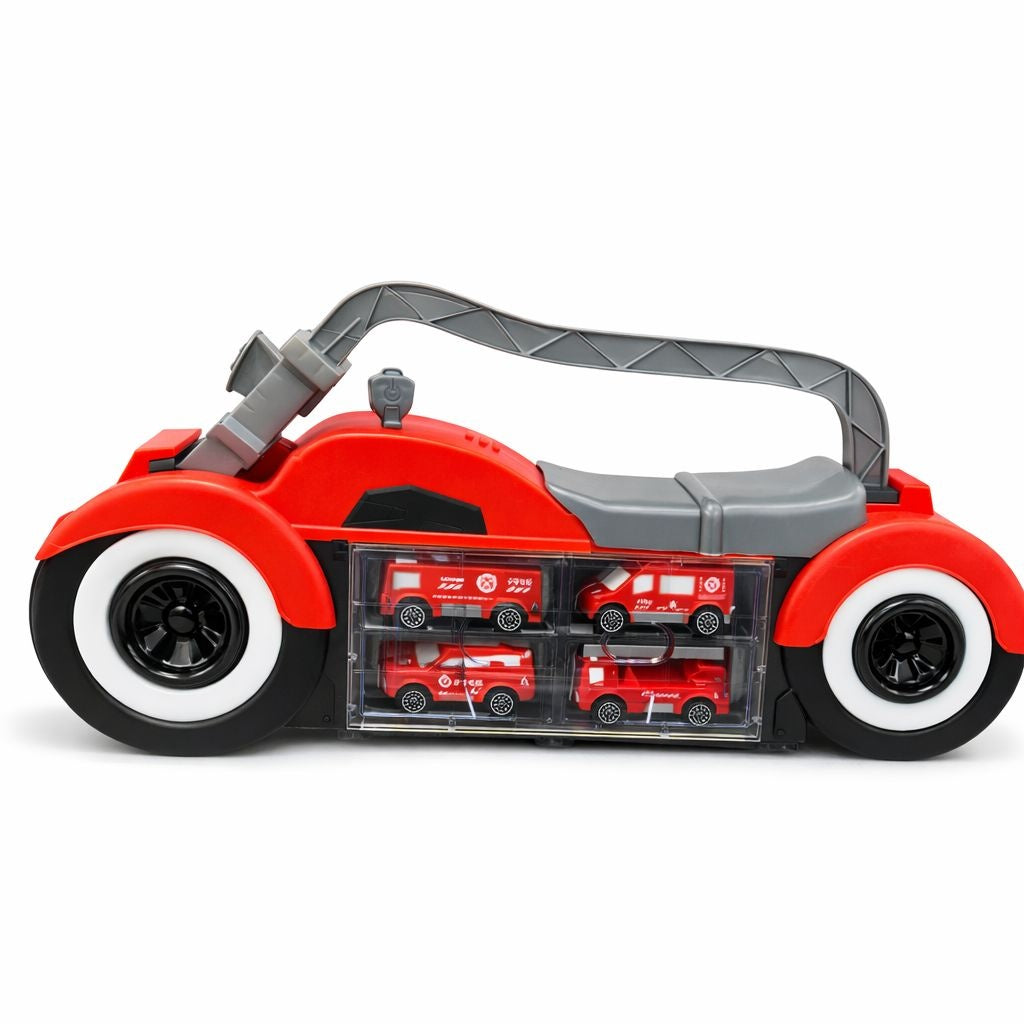 Set cu 4 Masinute Pompieri cu Cutie Depozitare Motocicleta, 41 cm, Lumini si Sunete