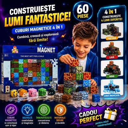 Set Cuburi Magnetice 60 Piese, Joc de Construcție Magnetic cu Blocuri Pixelate, Dezvoltă Creativitatea