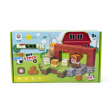 Set cuburi magnetice constructie 3D 57 piese, model ferma, 22x13x3 cm