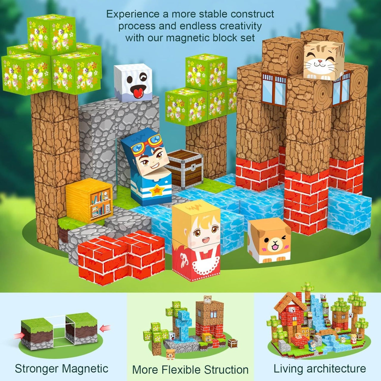 Set cuburi magnetice constructie 3D 57 piese, model ferma, 22x13x3 cm
