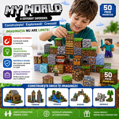 Set Cuburi Magnetice de Construcție 3D, 50 Piese, Joc Educativ pentru Copii 3+, Magneți Puternici