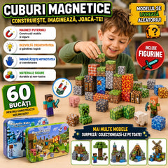 Set Cuburi Magnetice de Construcție, 60 Piese cu Figurine și Cutie Metalică de Depozitare