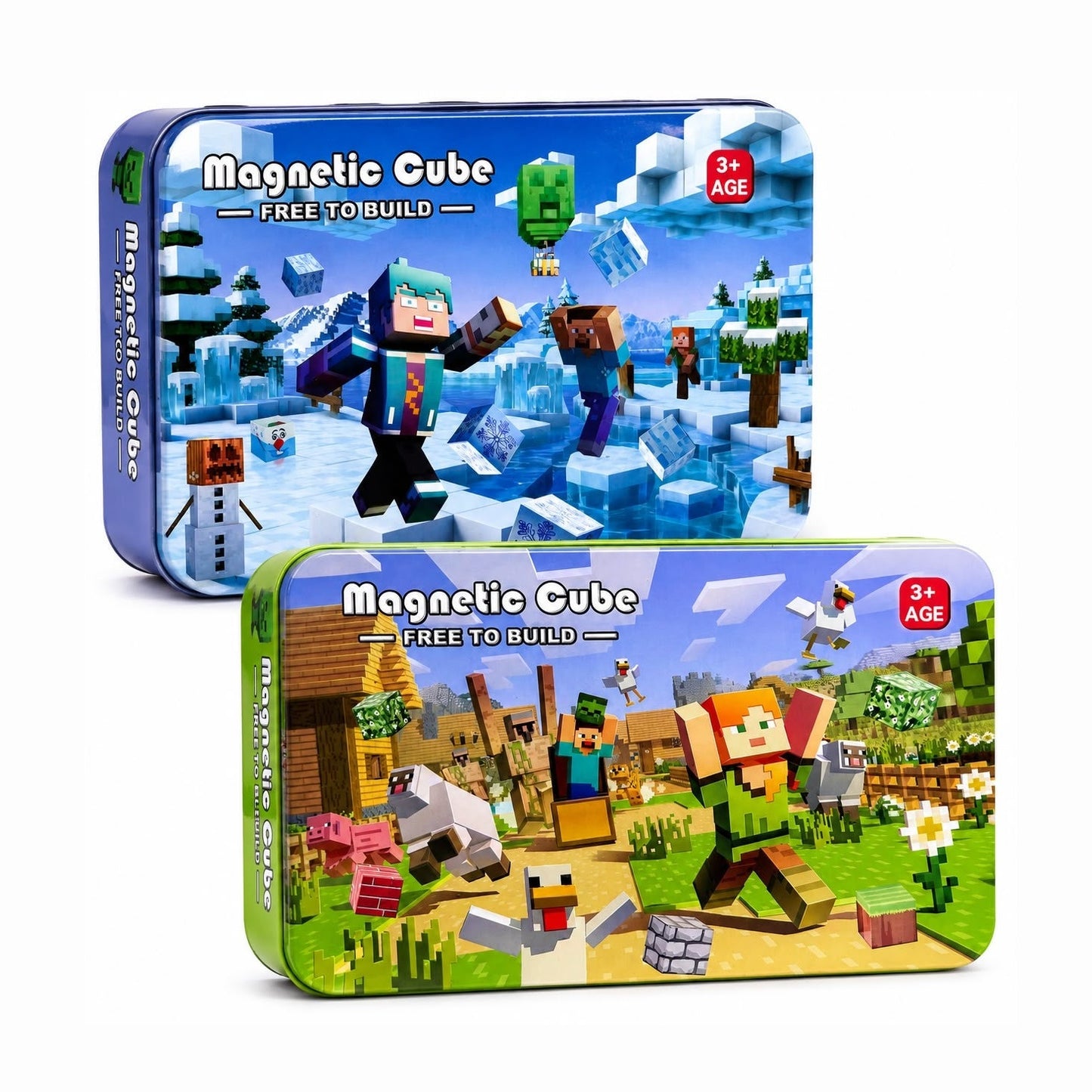 Set Cuburi Magnetice de Construcție, 60 Piese cu Figurine și Cutie Metalică de Depozitare