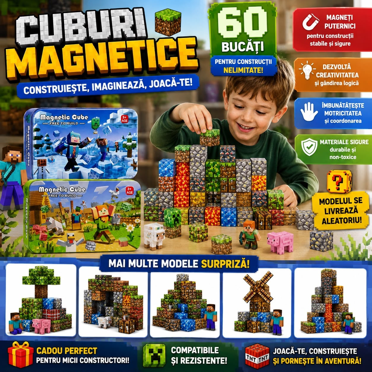 Set Cuburi Magnetice de Construcție, 60 Piese cu Figurine și Cutie Metalică de Depozitare