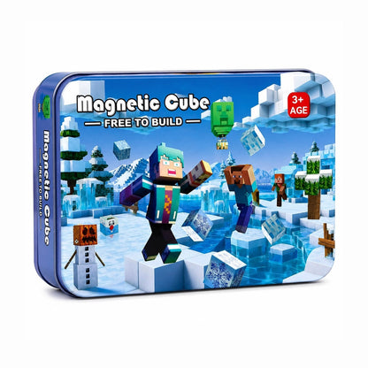Set Cuburi Magnetice de Construcție, 60 Piese cu Figurine și Cutie Metalică de Depozitare