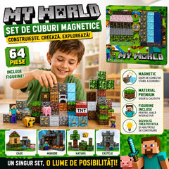 Set Cuburi Magnetice de Construcție, 64 Piese cu Figurine, Joc Educativ și Creativ pentru Copii