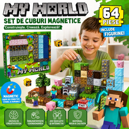 Set Cuburi Magnetice de Construcție, 64 Piese cu Figurine, Joc Educativ și Creativ pentru Copii