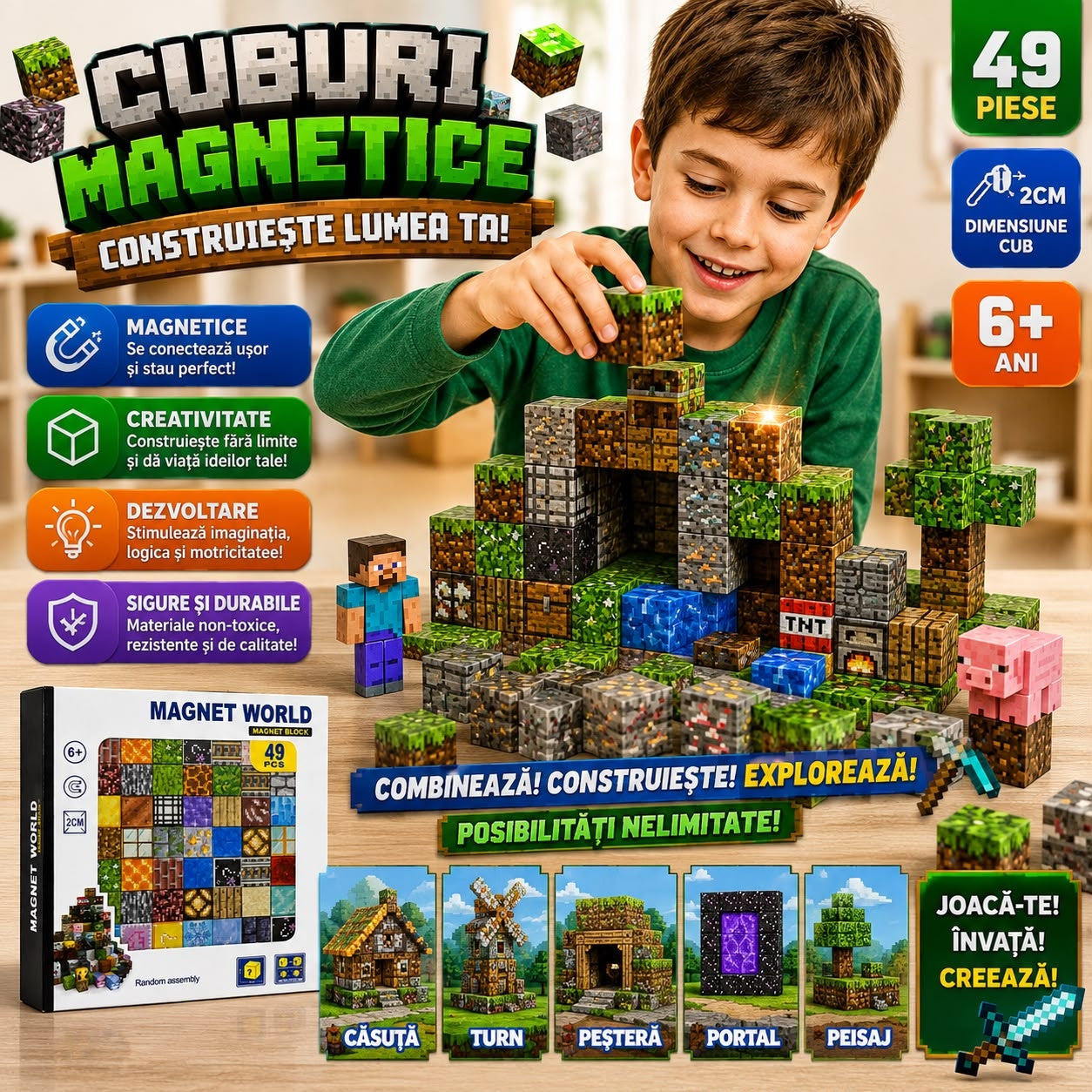 Set Cuburi Magnetice Magnet World, 49 Piese, 2 cm – Joc de Construcție 3D Educativ pentru Copii 6+