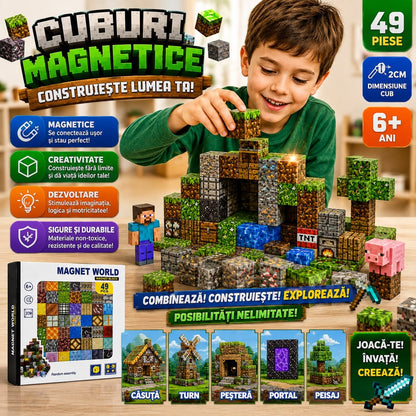 Set Cuburi Magnetice Magnet World, 49 Piese, 2 cm – Joc de Construcție 3D Educativ pentru Copii 6+