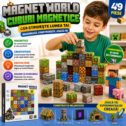 Set Cuburi Magnetice Magnet World, 49 Piese, 2 cm – Joc de Construcție 3D Educativ pentru Copii 6+