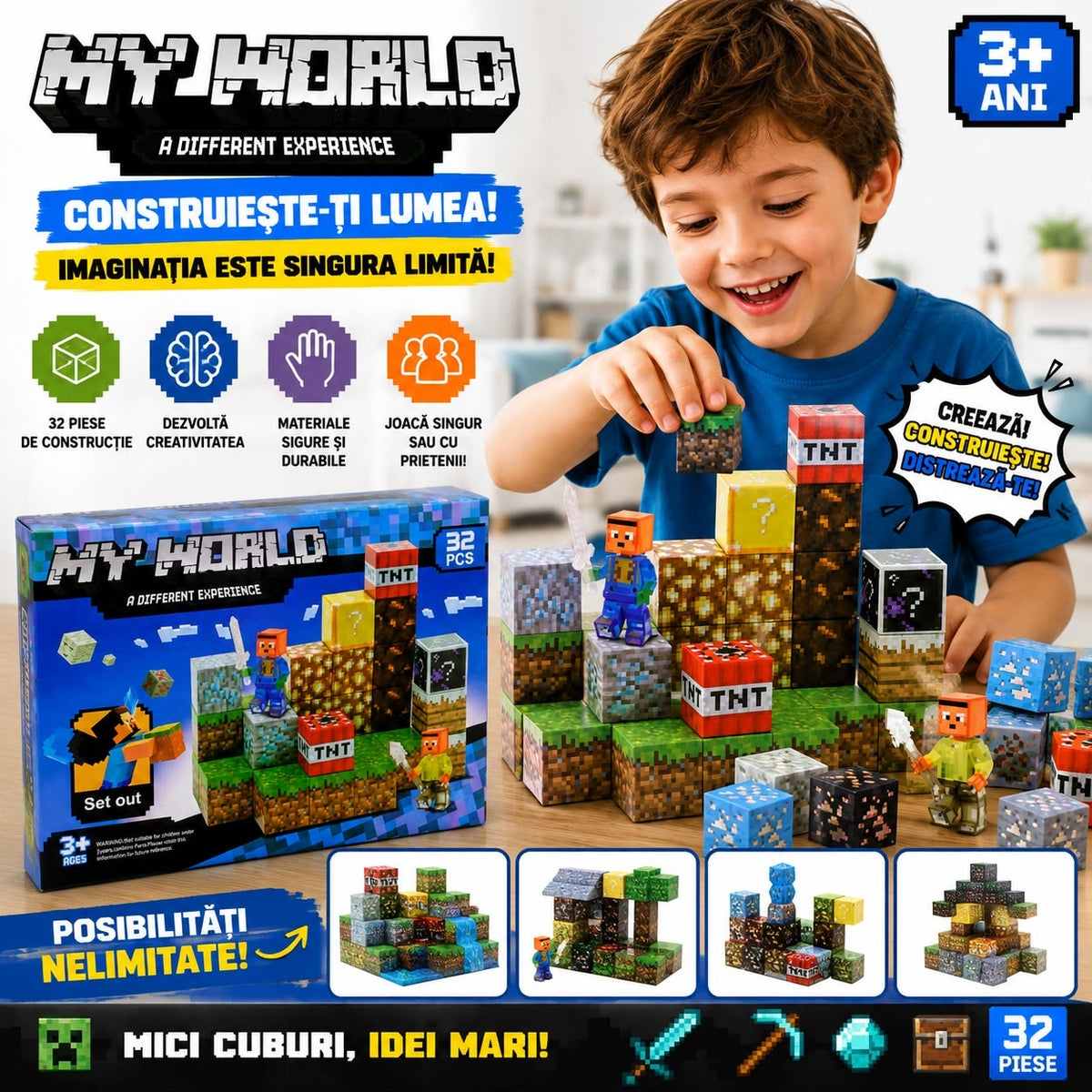 Set Cuburi Magnetice My World 32 Piese – Joc de Construcție Magnetic