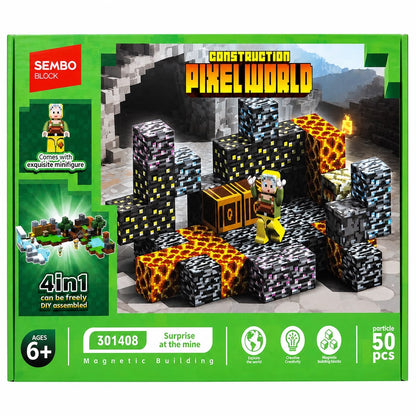 Set Cuburi Magnetice Pixel World 4 în 1, 50 Piese cu Minifigurină, Joc de Construcție Magnetic, 6+ Ani