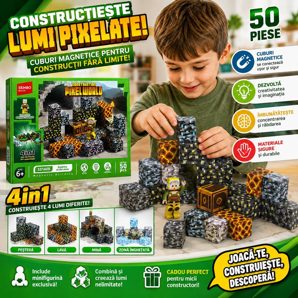 Set Cuburi Magnetice Pixel World 4 în 1, 50 Piese cu Minifigurină, Joc de Construcție Magnetic, 6+ Ani