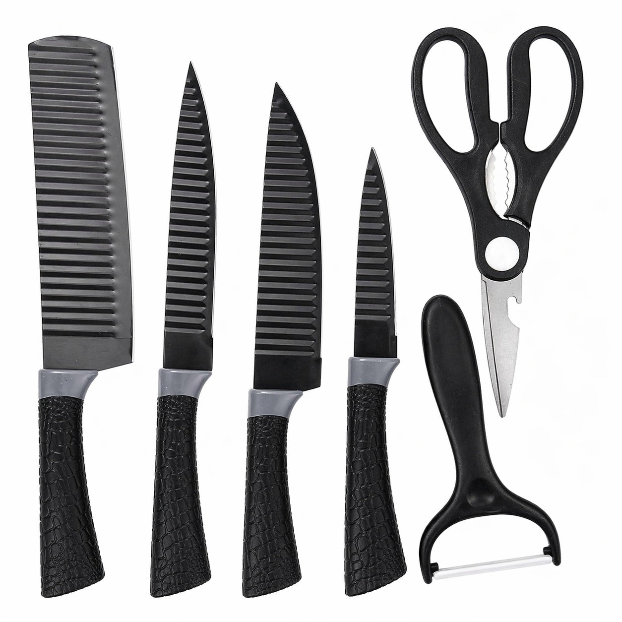 Set cutite bucatarie 6 piese cu foarfeca si curatator, 28x9 cm