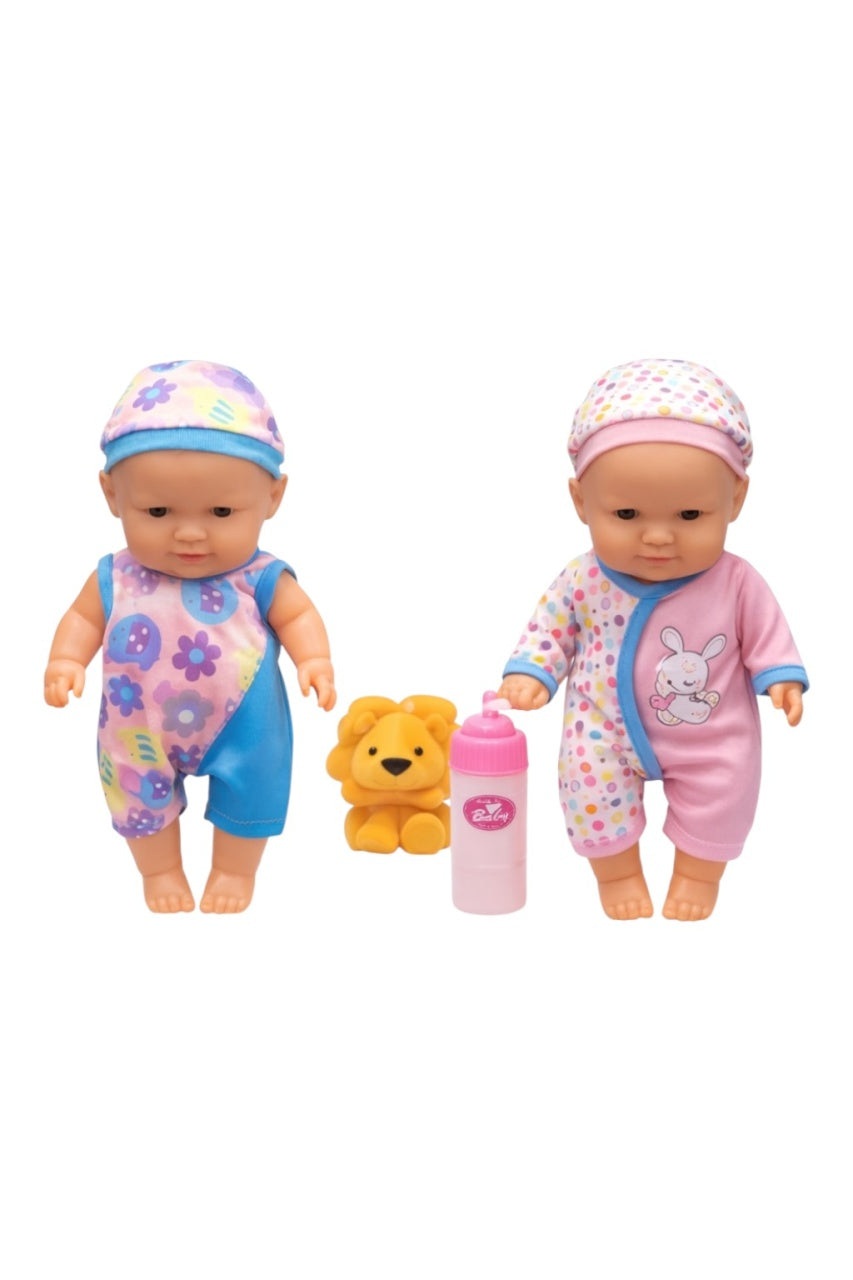 Set de 2 Păpuși Bebelus cu Jucărie și Biberon din Plastic, 28 cm