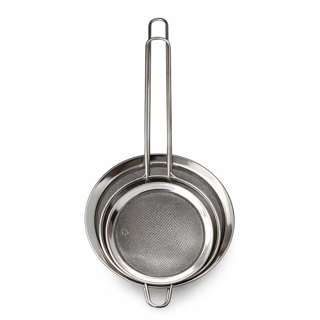 Set de 3 site bucatarie inox, strecuratoare metalica pentru faina, ceai si alimente