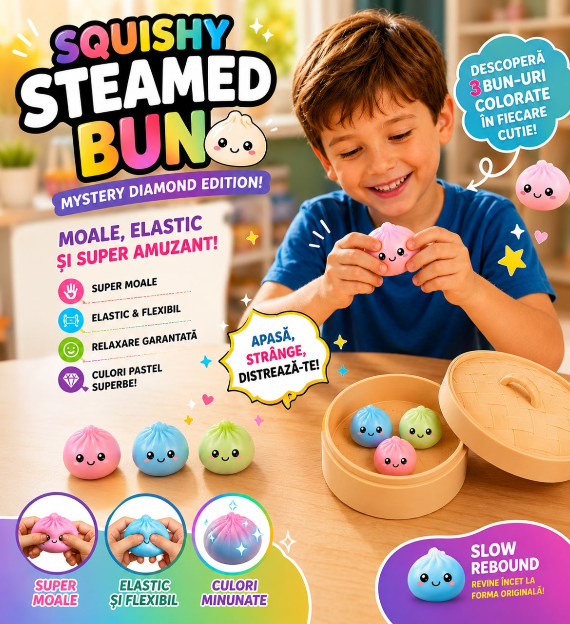 Set de 3 Squishy Galuscute Antistres Slow Rising 5cm, Culori Pastel Aleatorii