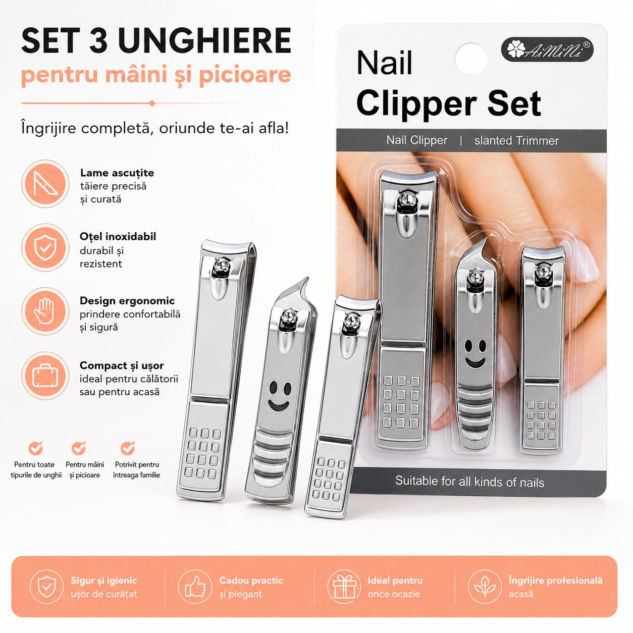 Set de 3 Unghiere Profesionale pentru Mâini și Picioare – Material Inoxidabil
