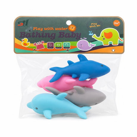 Set de 4 animalute de apa pentru baie copii, delfini si rechini colorati, 13 cm