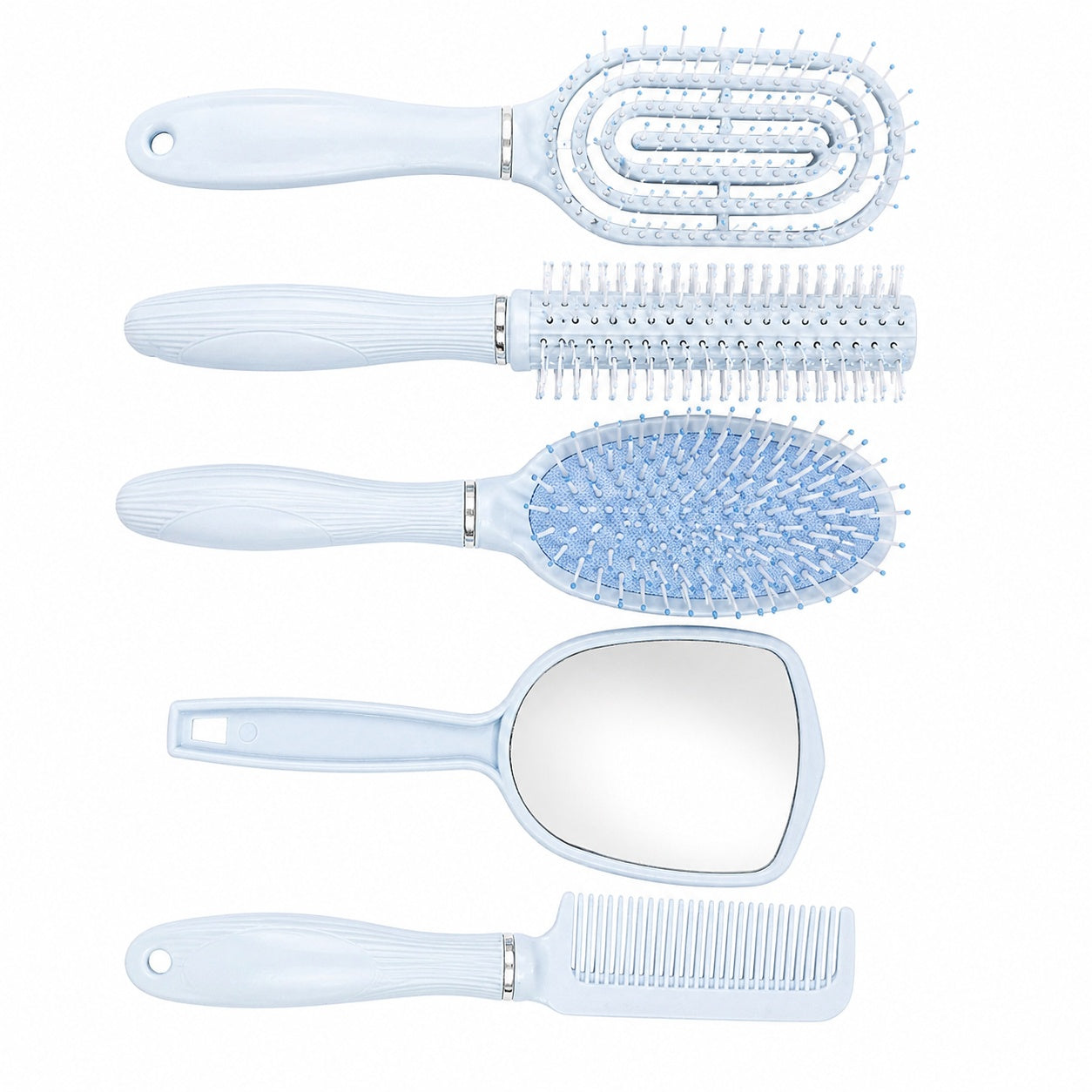 Set de 4 Perii de Păr și Oglindă cu Suport, Albastru – Kit Complet pentru Îngrijire și Styling