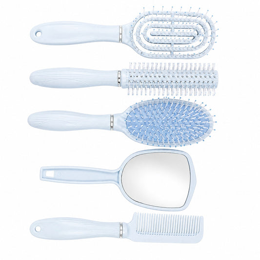 Set de 4 Perii de Păr și Oglindă cu Suport, Albastru – Kit Complet pentru Îngrijire și Styling