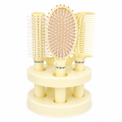 Set de 4 Perii de Păr și Oglindă cu Suport, Crem – Kit Complet pentru Coafare și Îngrijire