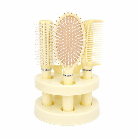 Set de 4 Perii de Păr și Oglindă cu Suport, Crem – Kit Complet pentru Coafare și Îngrijire