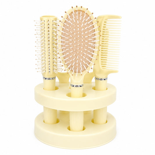 Set de 4 Perii de Păr și Oglindă cu Suport, Crem – Kit Complet pentru Coafare și Îngrijire
