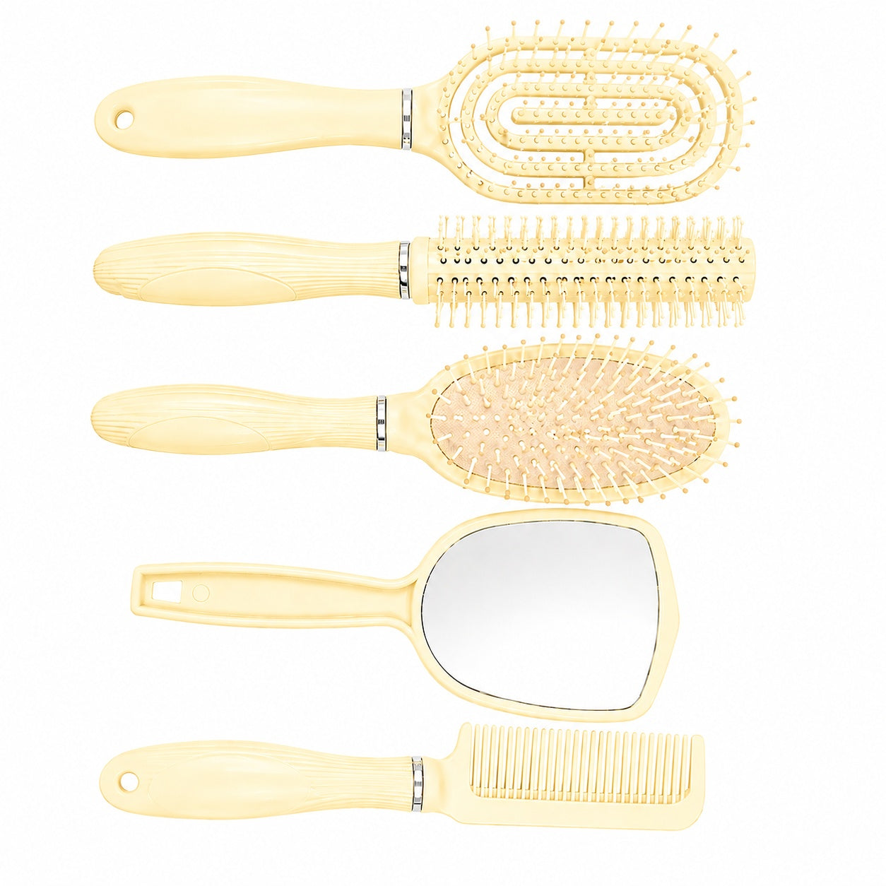 Set de 4 Perii de Păr și Oglindă cu Suport, Crem – Kit Complet pentru Coafare și Îngrijire